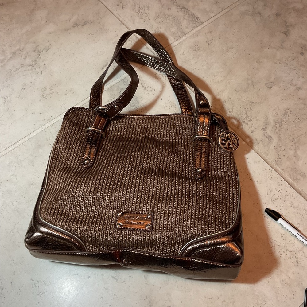 The Sak, Y2K metallic bronze,crotchet shoulder bag, peace inside w/ charm EUC